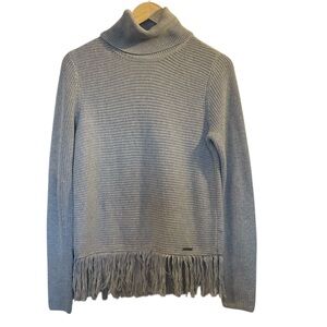 MICHAEL MICHAEL KORS Gray Ribbed Fringe Trim Turtleneck Sweater - Size Medium